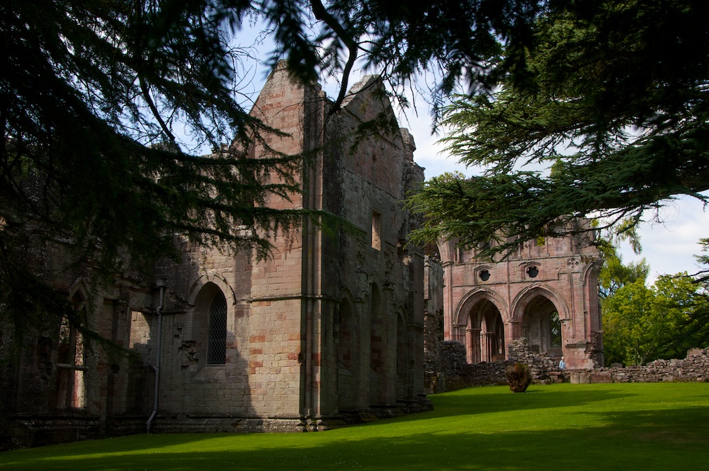 The abbey seen through the branches of the yew